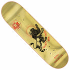 The Lion 8.25 Sandoval Zero Skateboards Deck showcases Micha Ulrich's art with a black lion rearing before red rays and a sun, finished with bold “ZERO SANDOVAL” red lettering.