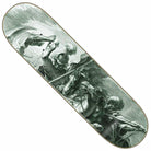 The Lion 8.25 Sandoval Zero Skateboards Deck showcases a detailed monochrome battle scene by Micha Ulrich—two armored figures, one on horseback with a weapon—enhanced with bold gold, black, and red accents.