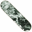 The Lion 8.25 Sandoval Zero Skateboards Deck showcases a striking black-and-white classical illustration by Micha Ulrich, depicting a dramatic lion attacking a horse amid swirling clouds and dynamic movement.