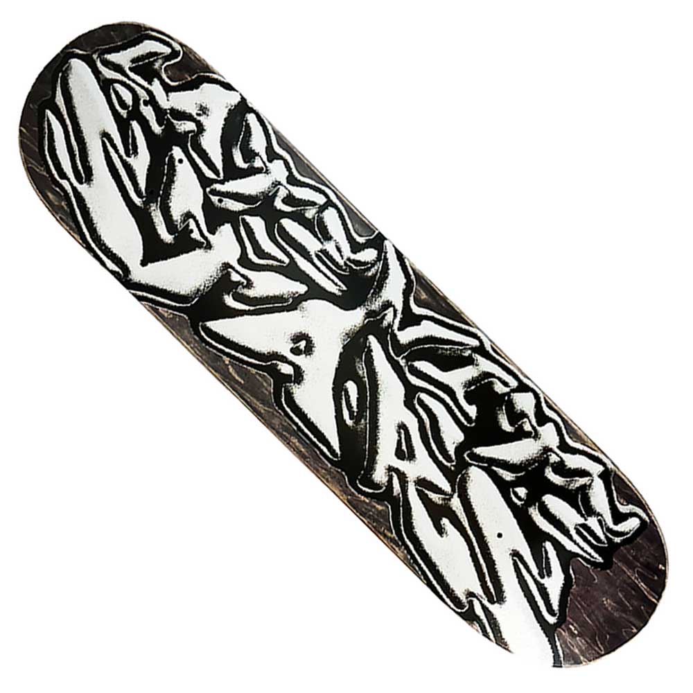 The Liquid Metal 8.5x31.9 Black Silver Deck Late Nite Stars Skateboard features a black and silver abstract, jagged design resembling intertwined shapes or liquid metal forms on the top surface.