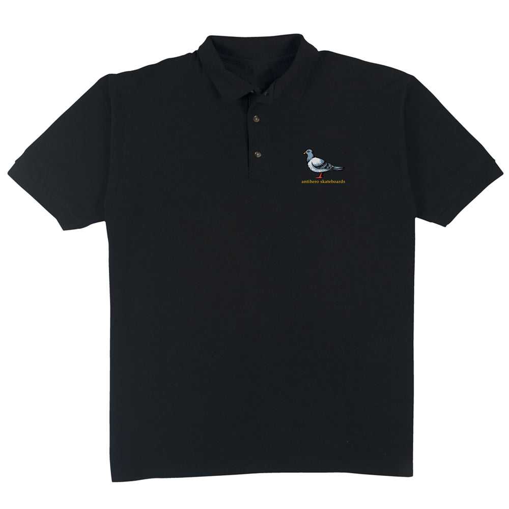Black Little Pigeon Polo Black Tee Anti Hero Skateboards T-Shirt with short sleeves and a small pigeon graphic on the left chest.