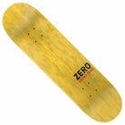 The Lion 8.25 Sandoval Zero Skateboards Deck features a yellow wooden design with subtle wood grain, displaying bold black and red “ZERO” and “LIVING DEAD” graphics by artist Micha Ulrich near one end.