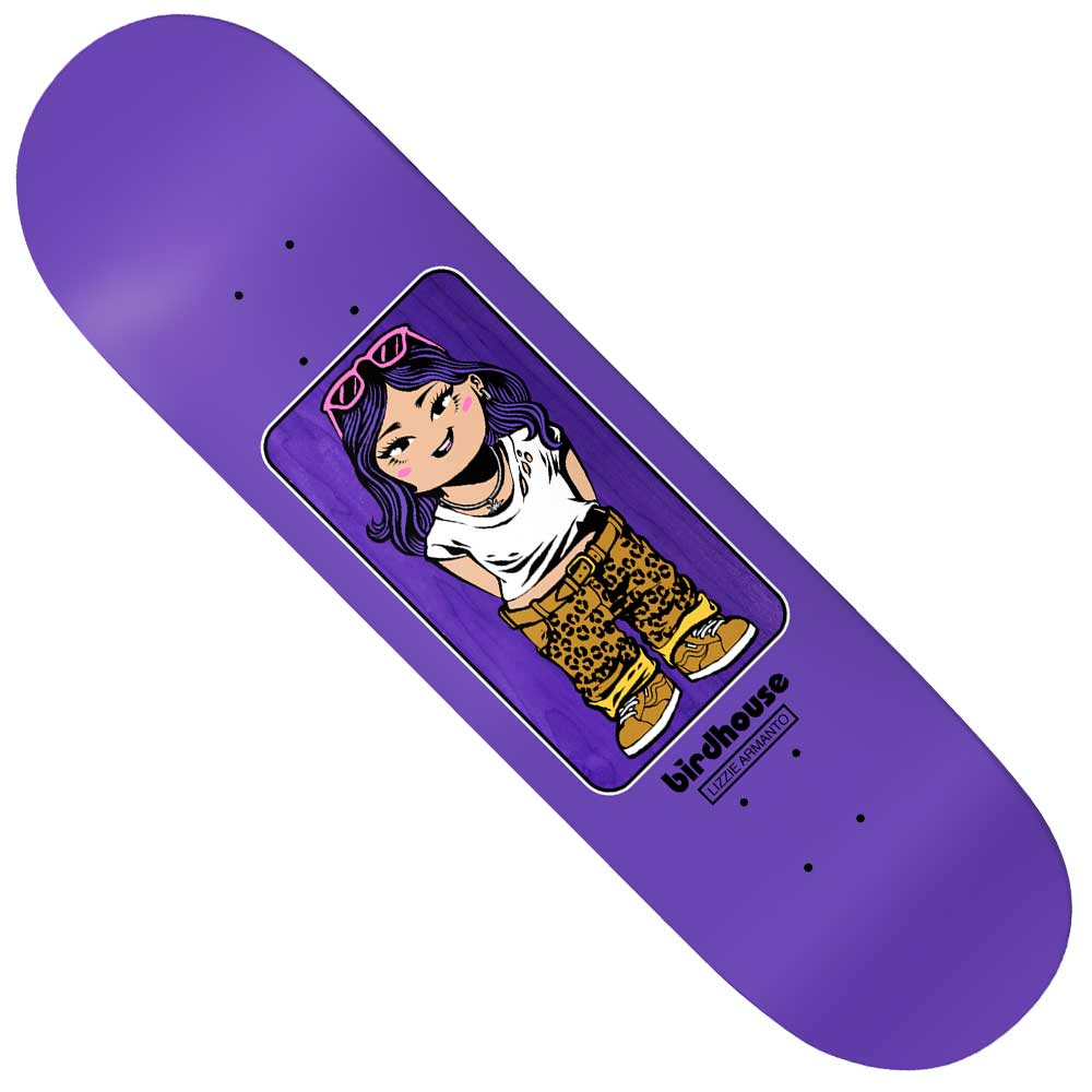 The Lizzie Armanto Toybox 8 Birdhouse Skateboards Deck features a cartoon girl inspired by Lizzie Armanto, with purple hair, pink sunglasses, a white shirt, and leopard print pants on a purple background. The Birdhouse logo appears at the bottom right of the illustrated panel.