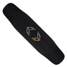 The Loaded Deck Chromo Tesseract II 39X9.6 Longboard features a black deck with a central gold geometric design and symmetrical angular pattern. Its wide, rectangular shape with rounded edges ensures stability for versatile riding styles.