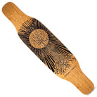 The Loaded Deck Symtail 39.5x8.75 Longboard features an artistic design with a central sun or tree and radiating roots and branches in black ink on a wooden freestyle deck, plus mounting holes at both ends for trucks.