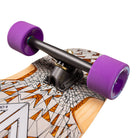 Close-up of the Loaded Deck Chromo Tesseract II 39X9.6 Complete Longboard showing its truck and two purple wheels. The micro-drop deck highlights a geometric, angular brown, orange, and white pattern.