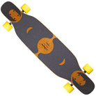 The Loaded Symtail 39.5x8.75 Complete Longboard features a black and orange grip tape, yellow wheels, a wide camber flex deck ideal for freestyle dancing, and wheel cutouts to prevent wheel bite.