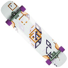 The Loaded Spectra Tesseract II 39X9.6 Complete Longboard features a white freeride deck with purple, gold, and gray geometric designs, a micro-drop platform, silver trucks, and purple wheels for a stylish and unique ride.