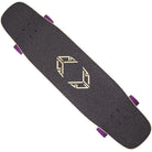 The Loaded Deck Spectra Tesseract II 39X9.6 Longboard features a black grip tape deck with a geometric center design and purple wheels. Its micro-drop deck adds extra stability, making it perfect for smooth freeride sessions, as shown from an overhead view.