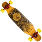 The Loaded Ballona 9x27.5 Complete Longboard features yellow wheels, red trucks, and a wooden deck adorned with black artwork of a sun with swirling rays and abstract roots—perfect for freeride sessions.