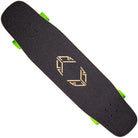 The Loaded Ballona 9x27.5 Complete Longboard features a geometric center design, black deck, and bright green wheels, shown in a top-down view.