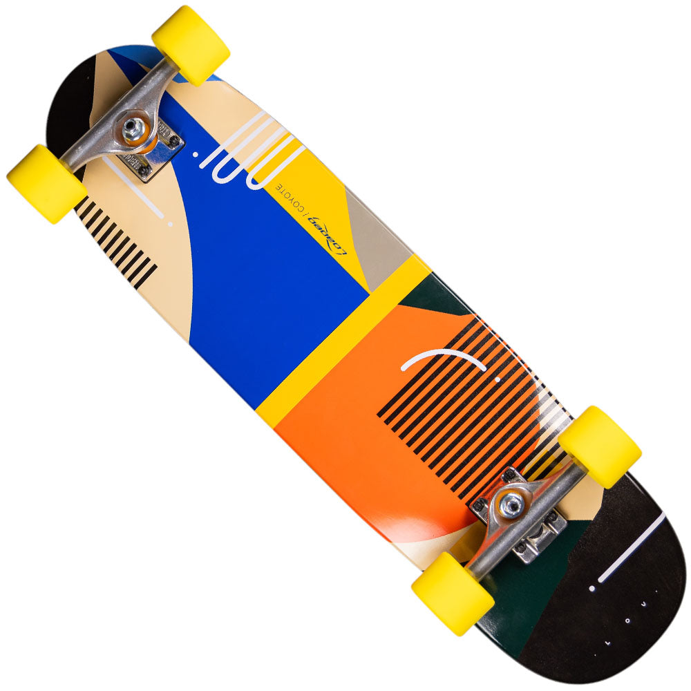 The Loaded Coyote 9.4x34 Complete Longboard features bright yellow wheels and a modern geometric deck in blue, yellow, orange, beige, green, and black with white lines—ideal for stylish city rides.