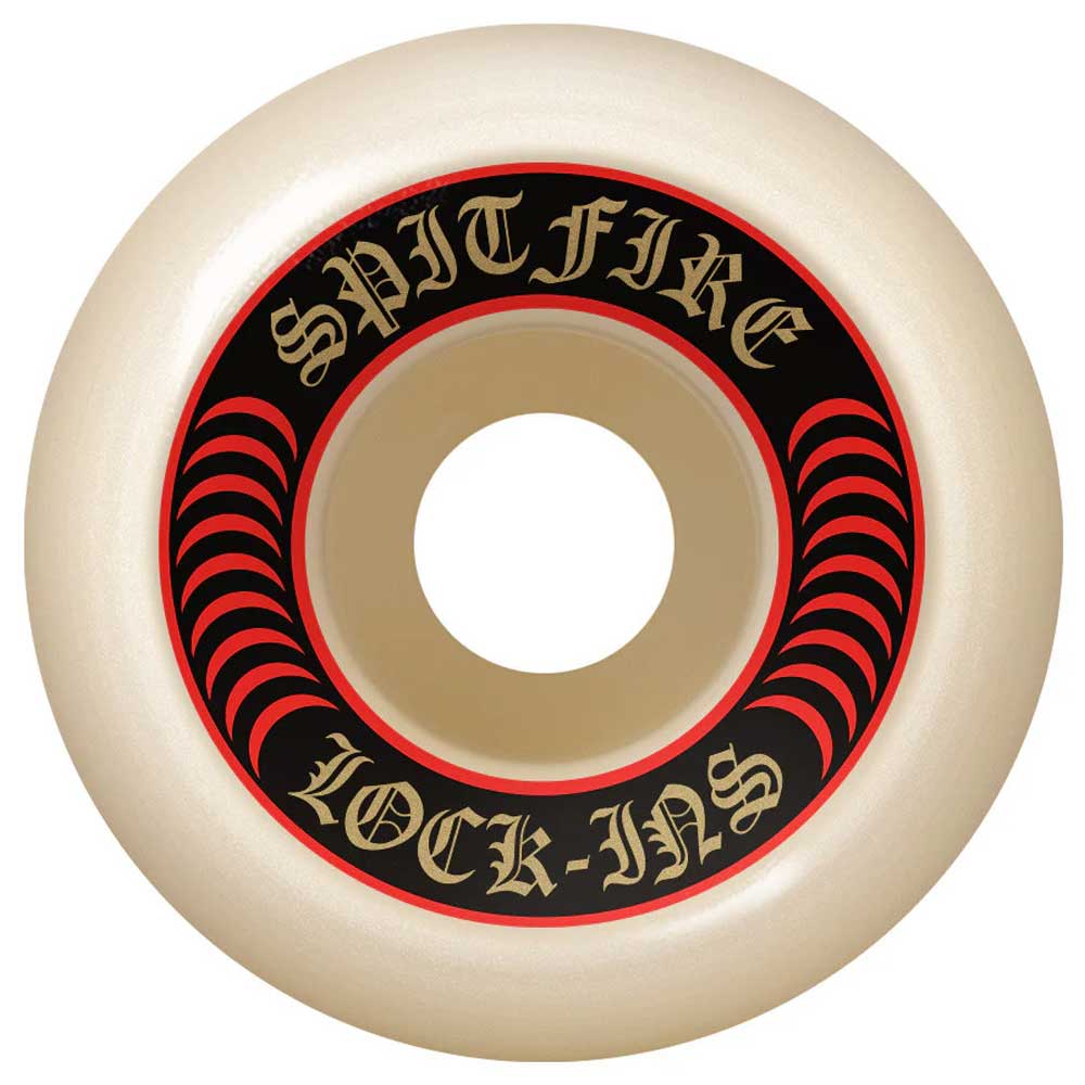 The Lock In 53mm 101A Formula Four Spitfire Wheels are white skateboard wheels with a black and red inner ring, SPITFIRE at the top, and LOCK-INS in gold gothic letters at the bottom.