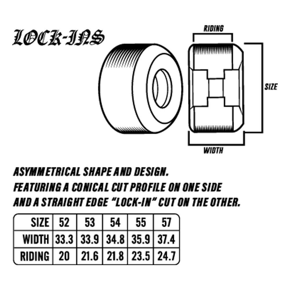 Black and white diagram of the Lock In 55mm 101A Formula Four Spitfire Wheels shows its asymmetrical shape, size (55mm), width, riding surface, and Formula Four features in a detailed table.