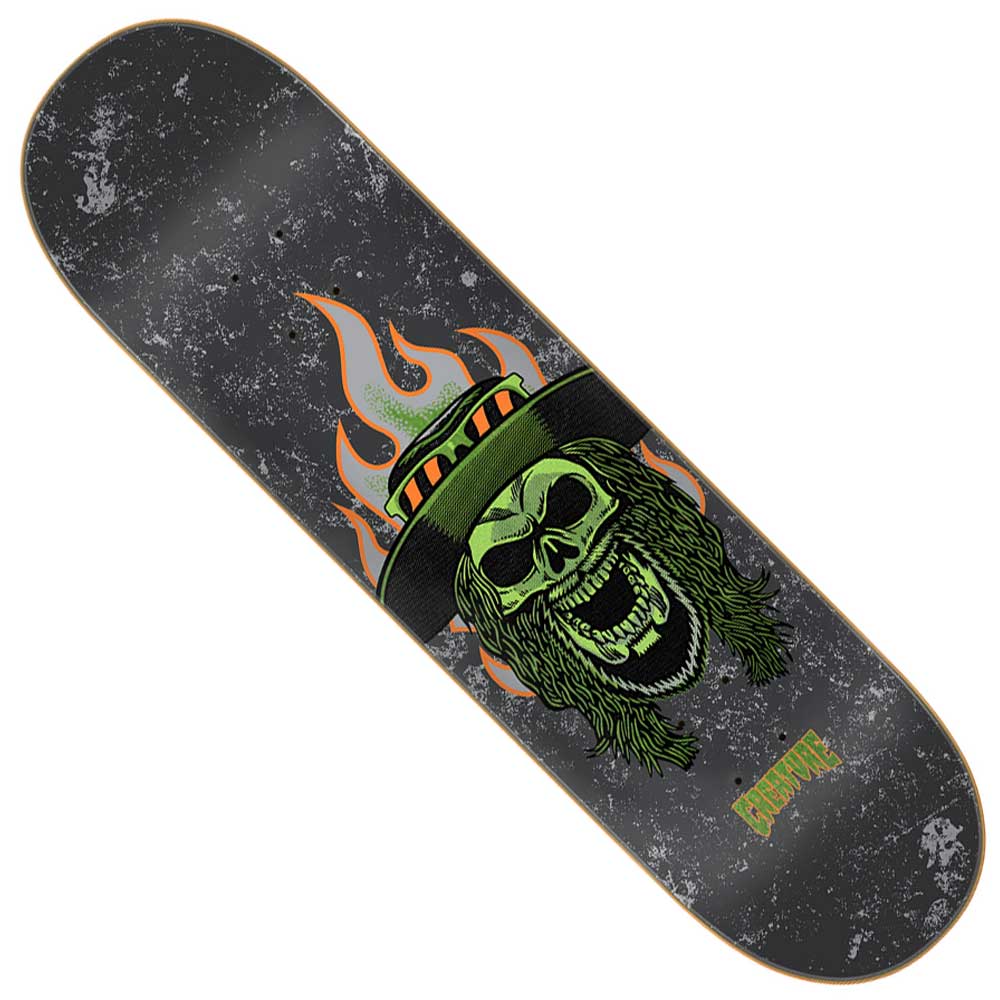The Lockwood Bonehead Pro 8.25in x 32.04in Creature Decks features a black 7-ply North American Maple construction and showcases a green skull with a beard, top hat labeled “TNT,” and flames in the background. The word “CREATURE” appears in green in the corner, while its worn, gritty texture ensures solid performance for skaters looking for both style and durability.