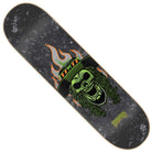 The Lockwood Bonehead Pro 8.25in x 32.04in Creature Decks features a black 7-ply North American Maple construction and showcases a green skull with a beard, top hat labeled “TNT,” and flames in the background. The word “CREATURE” appears in green in the corner, while its worn, gritty texture ensures solid performance for skaters looking for both style and durability.
