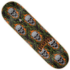 The Lockwood Bonehead Pro 8.25in x 32.04in Creature Deck features a durable 7-ply North American Maple construction and showcases a striking design of gray skulls, orange and green flames, and the word LOCKDOWN in fiery orange lettering, capturing the bold style characteristic of Creature’s graphics.