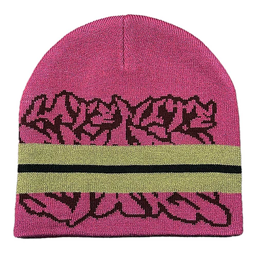 The Striped Beanie Red Late Nite Stars Skateboarding features a pink knit with a gold stripe bordered in black and abstract black detailing—a cozy hat, perfect for late night adventures.