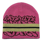 The Striped Beanie Red Late Nite Stars Skateboarding features a pink knit with a gold stripe bordered in black and abstract black detailing—a cozy hat, perfect for late night adventures.