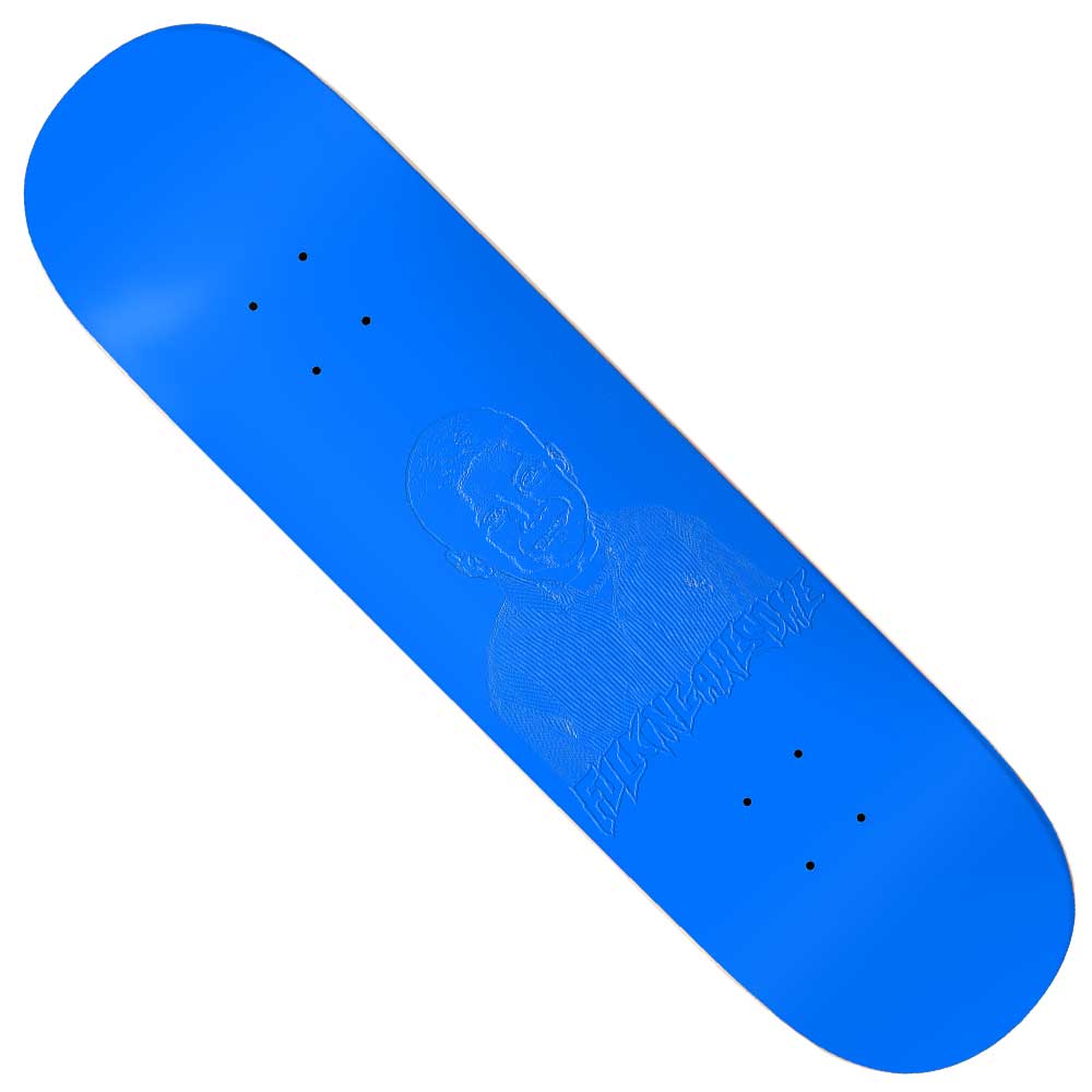 Introducing the Louie Lopez Twin Tail Embossed Photo 8.38 FA Skateboard Deck in Blue, this deck features a prominently embossed white, sketched portrait of a smiling person at its center. Stylized, hard-to-read text appears next to the portrait, complementing the clean blue deck and reflecting Louie Lopez’s unique style—making it stand out against any background.