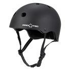 The Low Pro CPSC Protec Matte Black Helmet features ventilation holes, adjustable chin straps with a buckle, and an adjustable fit for safety and comfort during skateboarding or biking.