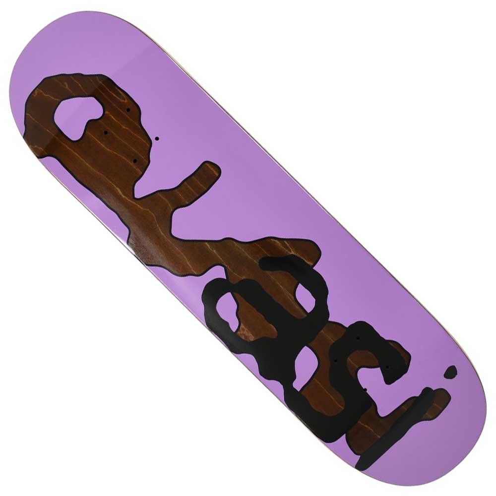 The Lowercase 8.75x32.62 Quasi Skateboards Deck Purple features a large abstract black and brown design over a purple background, with exposed wood grain in the brown areas adding unique character.