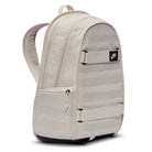 The Lt Orewood Brown Black FD7544104 Nike SB RPM Skate Backpack features a front zip pocket, skateboard-carry straps, small Nike patch, padded shoulder straps, and laptop compartment, shown angled against a white background.