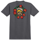 The MG Charcoal Black Multi Tee from Krooked Skateboards features a dark gray base with a cartoon face, red flowers, green leaves, and the word "KROOKED" on the back, inspired by the iconic Krooked Skateboards MG Multi Tee design.