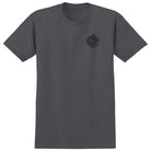Introducing the MG Charcoal Black Multi Tee from Krooked Skateboards—a plain dark gray tee in Charcoal Black featuring a small black graphic of a stylized face surrounded by flowers on the left chest, inspired by Krooked’s iconic MG Multi Tee.