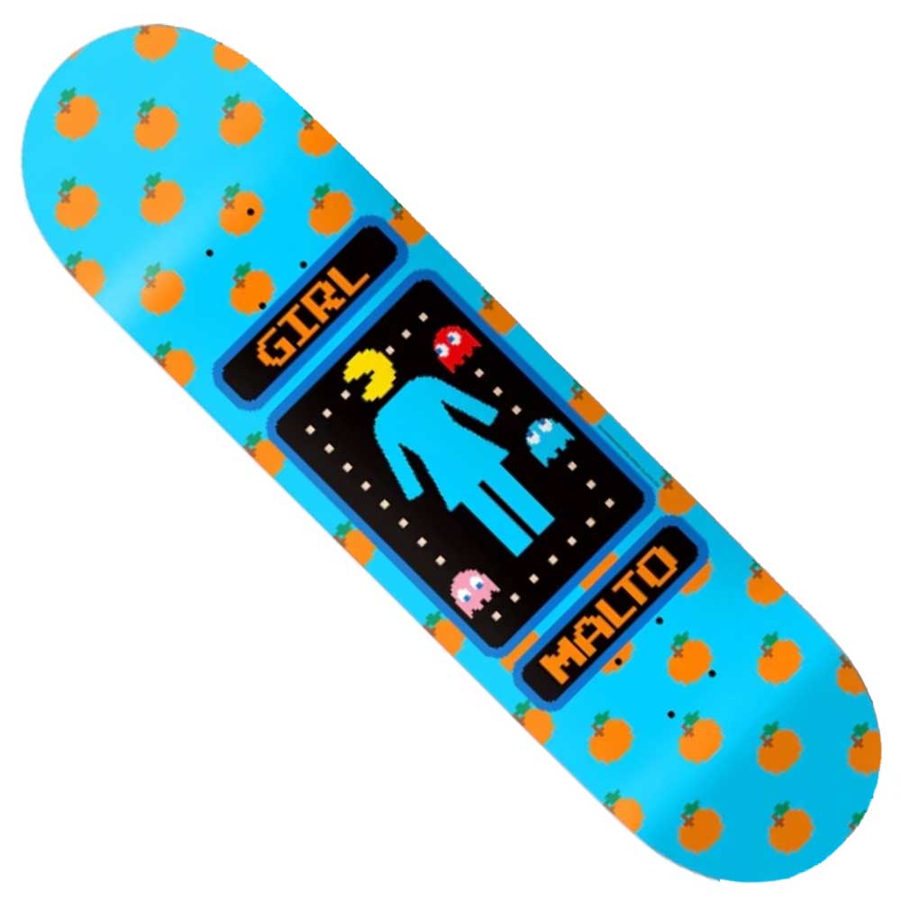 The Malto Pac Man 8.25x31.5 Girl Skateboards Deck is blue with an orange pattern, a Pac-Man-inspired graphic featuring a blue female icon, yellow Pac-Man, ghosts, and block letters spelling GIRL above and MALTO below.