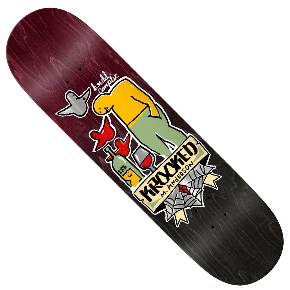 The Manderson Complex 8.38 Krooked Skateboards Deck features a maroon and black gradient with playful cartoon artwork depicting a person in green pants, a yellow shirt, and a red face, accompanied by a bird and abstract objects. The deck also displays the text “Krooked M. Anderson,” reflecting its distinctive Manderson Complex graphic style.