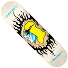 The Manderson Pink Flame 8.38x32 Krooked Skateboards Deck showcases a bold yellow head biting a blue object, surrounded by dynamic black flames, with blue “Krooked” and “Anderson” text on the nose and tail.