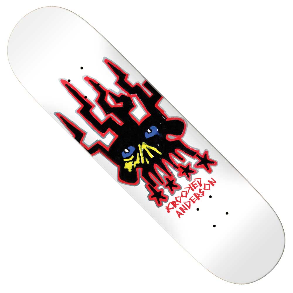 The Manderson Skull King 8.38 Krooked Skateboards Deck features a white base with black and red abstract graphics, yellow accents, blue eyes, red stars, and Anderson Krooked in red—ideal for fans of the Manderson Skull King series.