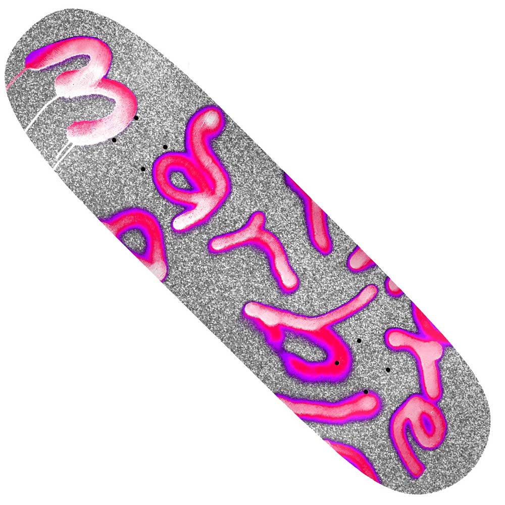 A Marbie Soupy 8.5 There Skateboards deck with a silver glitter finish and bold pink graffiti-style "Barbie" lettering on top.