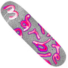 A Marbie Soupy 8.5 There Skateboards deck with a silver glitter finish and bold pink graffiti-style "Barbie" lettering on top.