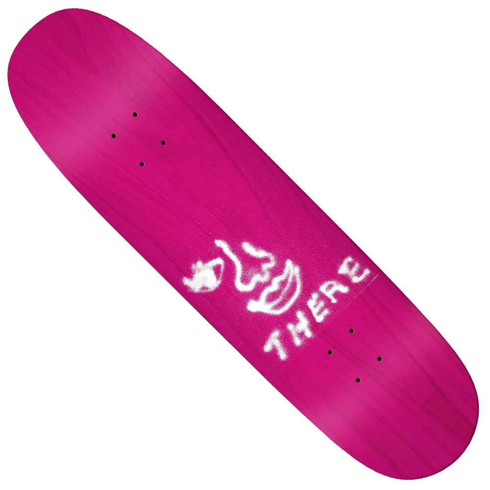 The Marbie Soupy 8.5 There Skateboards Deck features a pink design with a white face graphic and the word "THERE" stenciled beside it, making it perfect for fans of unique skateboards.