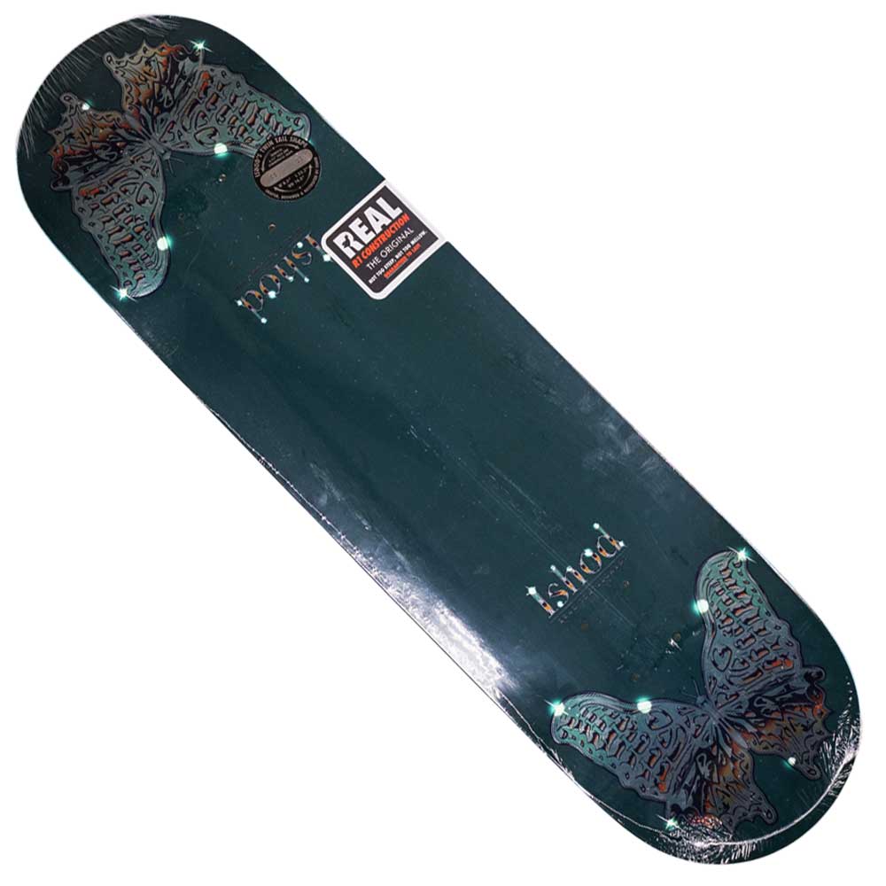 The Mariposa Redux Ishod Green 8.5 Twin Tail Real Skateboard Deck features two detailed butterfly designs at each end, metallic "Faked" lettering in the center, and a “REAL” sticker—ideal for Ishod fans.