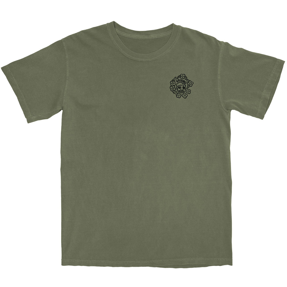 Mark Gonzales Moss Multicolor Krooked Skateboards short-sleeved t-shirt in olive green, featuring a small black Mark Gonzales graphic of a cartoon face surrounded by flowers on the left chest.