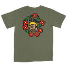 Mark Gonzales Moss Multicolor Krooked Skateboards tee in olive green featuring a back graphic of a cartoon face surrounded by red flowers and the word KROOKED in black lettering.