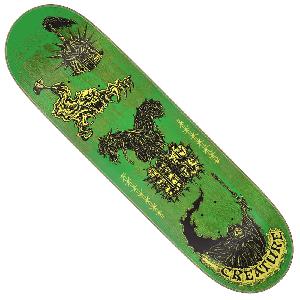 The Martinez Creach Us Pro Stumps 8.60in x 31.95in Creature Skateboard Deck features black and yellow gothic art with a castle, skeletal hand, hooded figure, and bold CREATURE lettering at the tail.