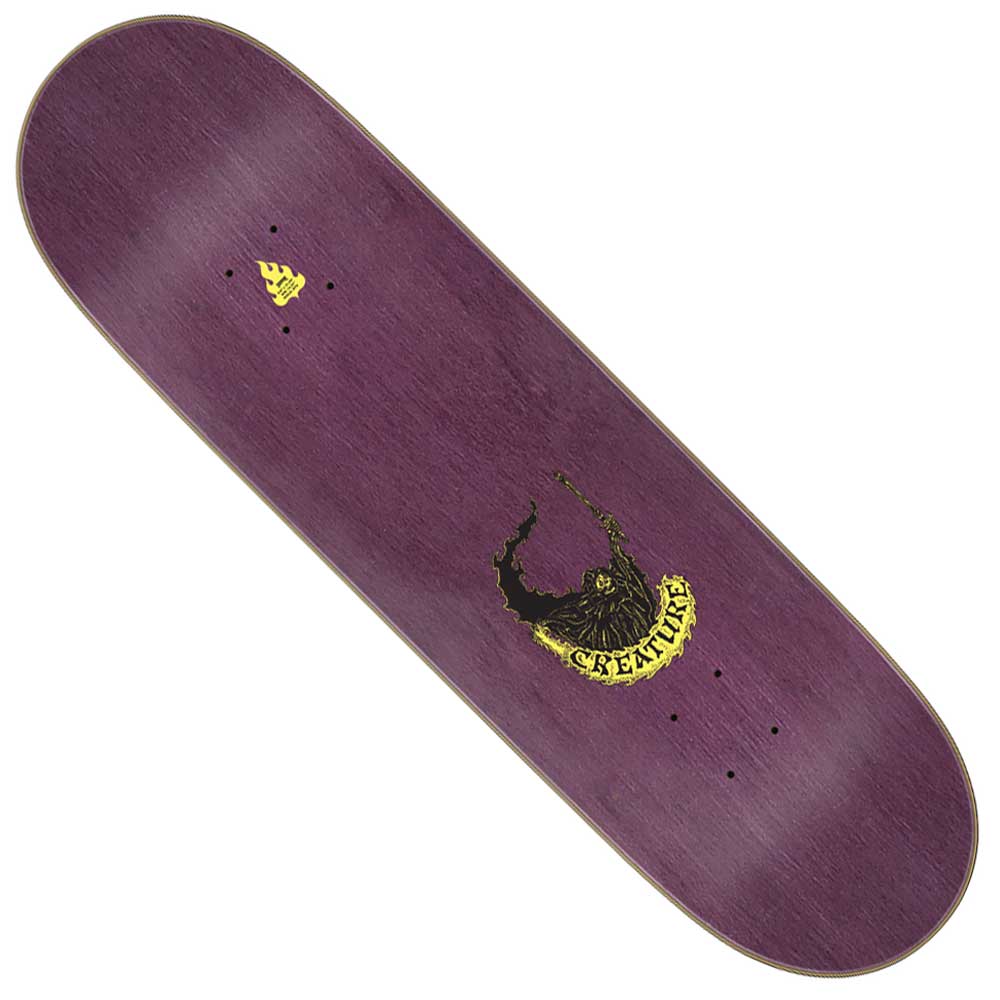 The Martinez Creach Us Pro Stumps 8.60in x 31.95in Creature Skateboard Deck is purple with a small yellow scorpion and 'CREATURE' in black lettering near one end, leaving the rest of the deck plain for a bold, minimalist look.