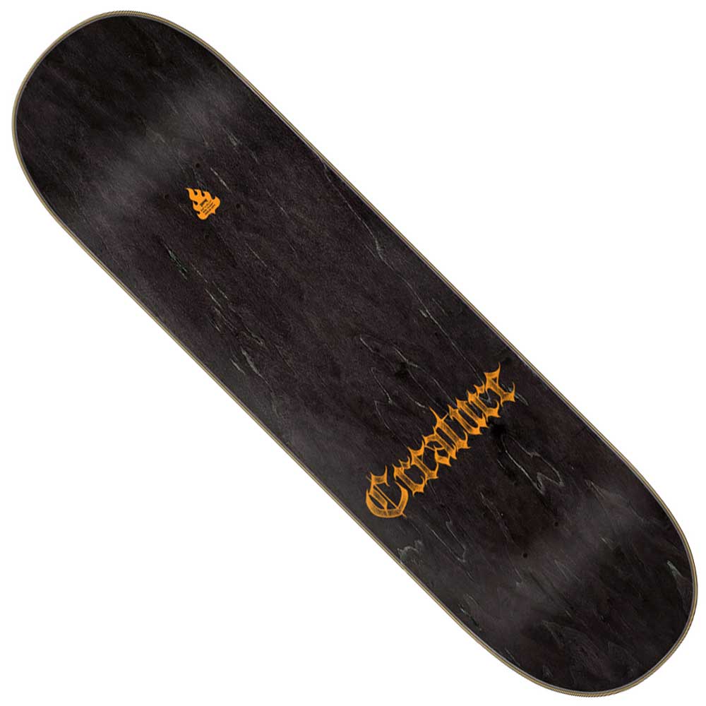The Martinez Guero Pro 8.6in x 32.11in Creature Deck features a black finish with an orange gothic-style Creature logo and a small orange graphic above it, and is crafted from durable North American Maple for top performance and style.