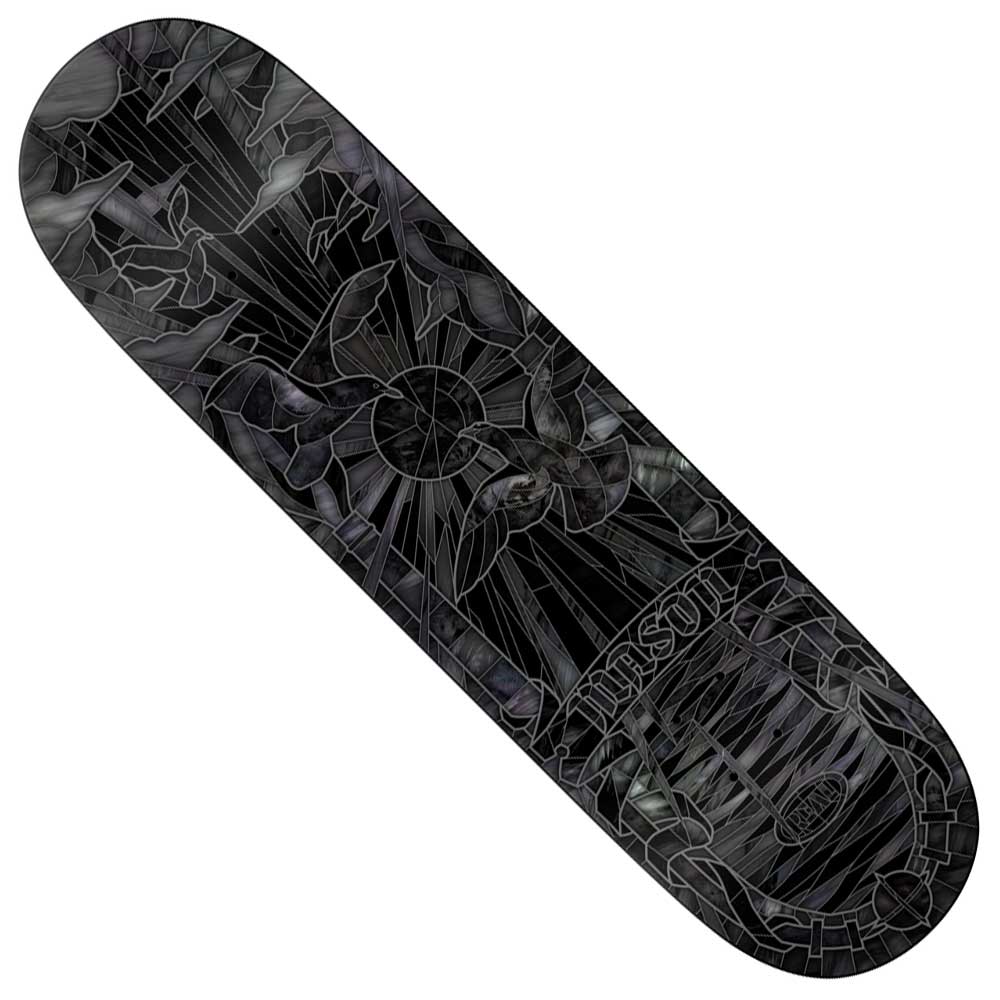 Introducing the Mason Black Sun Cathedral 8.25 Deck from Real Skateboards—a sleek skateboard deck featuring a dark, stained-glass inspired design with a radiant sun, luminous rays, and reaching hands. Designed by Mason Black, this unique board is finished with "THE SUN" displayed on the bottom right for an extra artistic touch.
