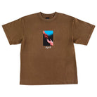 The Material Tee Washed Brown April Skateboards T-Shirt is a 100% cotton heavyweight tee, garment dyed for a unique finish, featuring two hands—one red, one white—reaching on a blue and black backdrop with "April" below.
