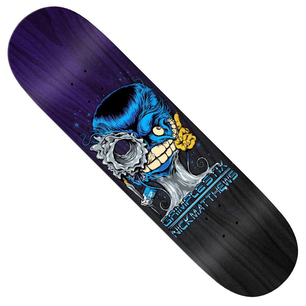The Matthews Grimpnat 8.5 Anti Hero Skateboards Deck features a purple and black gradient with a blue cartoon character holding a yellow peace sign and "SIMPLE SKY." plus "NICK MATTHEWS" in bright blue, inspired by Anti Hero's signature style.