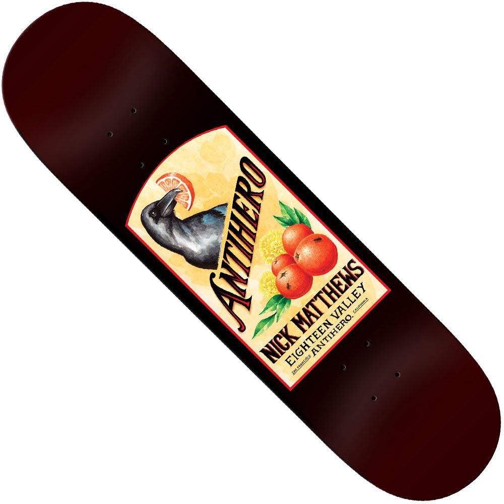 The Matthews Homer 8.62 Anti Hero Skateboards Deck features a vintage-inspired label with a raven holding an orange slice, surrounded by oranges, and displays the text “Antihero” and “Nick Matthews Eighteen Valley by Antihero” on a cream background—a unique design perfect for fans of the Matthews Homer series.