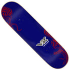 The McCoy Battle VX Deck 8.25in x 31.83in from Santa Cruz features a blue design with red line art of a cobra and a face on opposite corners, showcases the Santa Cruz Skateboards logo and VX text at the center, and is built using advanced VX TRI-X technology.