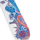The McCoy Battle VX Deck 8.25in x 31.83in from Santa Cruz Decks showcases a striking blue and red graphic of a serpent and eagle locked in battle, highlighted by the Santa Cruz Skateboards and Maurio McCoy logos. Constructed with advanced VX TRI-X technology, this deck offers superior strength and performance for dedicated skateboarders.