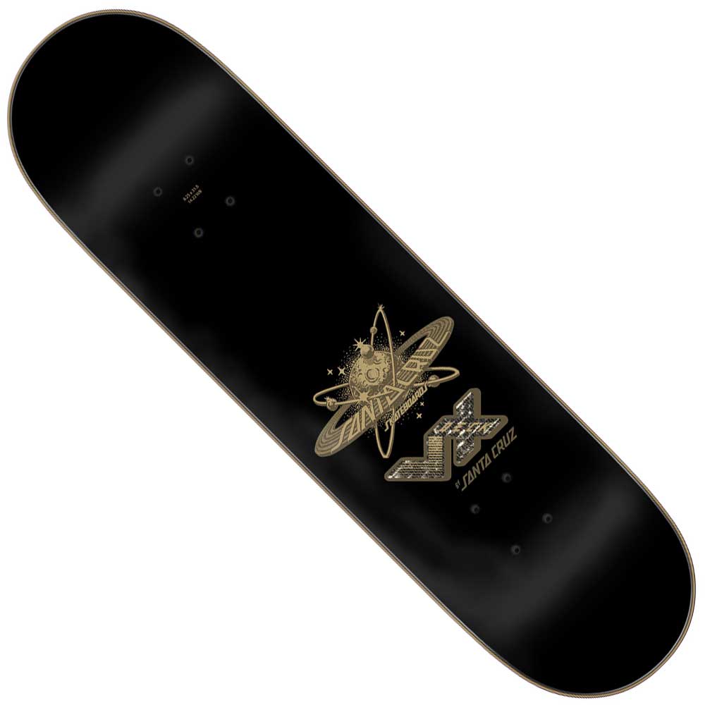 The McCoy Cosmic Eagle VX Twin Deck 8.25in x 31.83in from Santa Cruz features a gold atom graphic with "Santa Cruz" text and a satellite design at the center on a plain black background; grip tape is not included.