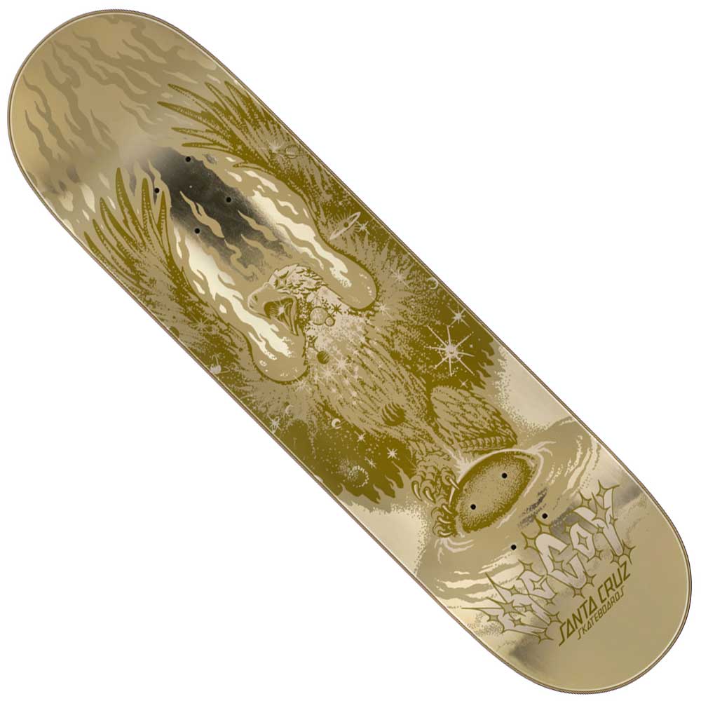 The McCoy Cosmic Eagle VX Twin Deck 8.25in x 31.83in by Santa Cruz features a striking gold and black cosmic eagle illustration with detailed feathers, glowing eyes, and the Santa Cruz logo for an artistic, standout look.